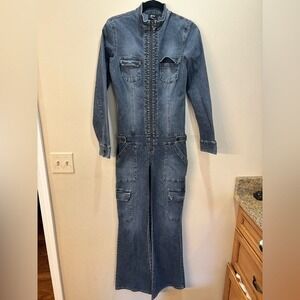JLO Jennifer Lopez Sz M Navy Blue Zip Denim Jumpsuit Long Sleeve Flare Y2K Flare